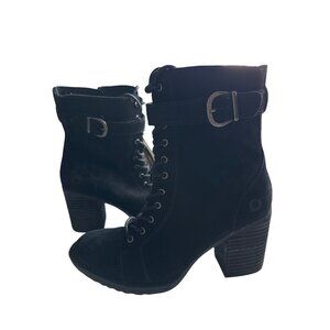 Born Cass Black Suede Combat Boots Strap Side Zipper Lace Up Size 8